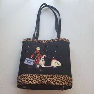 Fashion Avenue medium black and tiger zipper handbag with embroidered image Tote